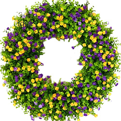 Frühlingskränze für die Haustür, 35Cm Großer Künstlicher Wildblumenkranz, Bunter Eukalyptus-Kranz, Sommerblumenkranz, Frühlings-Türkranz mit Grünen Blättern, Bauernhaus-Kranz,(Lila-Gelb)