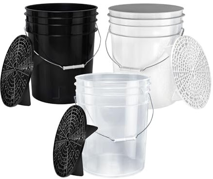 BenBow - Lot de 3 seaux de Lavage de Voiture de 20 l - Transparent, Noir et Blanc Avec 3 Tamis à saleté - Pour Lavage à la Main Professionnel de Voiture - au Lave-Auto à la Main - et Dans l'atelier