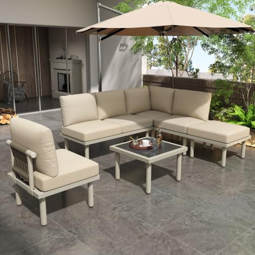 Gartenmöbel Lounge 6er Set, Balkonmöbel Sitzgruppe für 6 Personen mit Kissen und Couchtisch, Gartenlounge Outdoor Wetterfest, Terassenmöbel Außen mit Verstellbare Füße, Gartenmöbel Sofa Set(Beige)