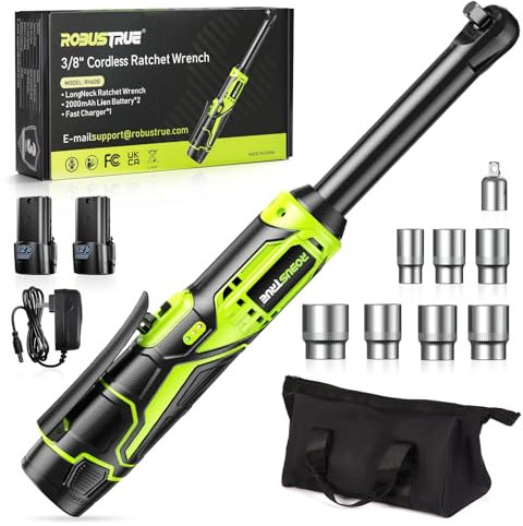 Robustrue Chiave a cricchetto a batteria da 15 cm, 2 chiavi a cricchetto da 2000 mAh, 400 giri/min, con ricarica rapida e 7 bussole
