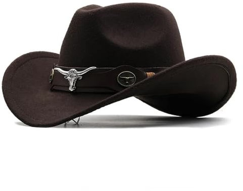 Westernhut Cowboyhut Rollkrempe Cowgirl Cap Cowboy Jazz Fedora Hut Filzmütze mit Kuhband für Damen Herren Kinder, coffee, Kids 52-54cm