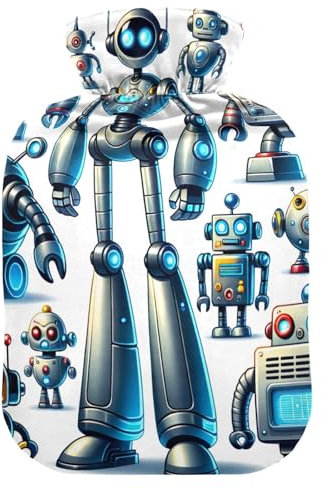 Various Cartoon Robots Hot Water Bottle with Velvet Cover Hot Water Bag for Foot Bed Warmer Pain Relief, 2 Liters