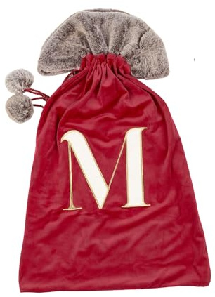 Celebright Christmas Sack with Embroidered Letter 'M' - Festive Holiday Décor for a Memorable Celebration - Faux Fur - Red
