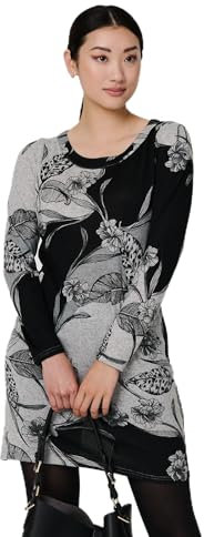 Izabel London Floral Long Sleeve Jersey Shift Dress for Women UK with a Round Neck, Pockets and Short Skirt. Grey