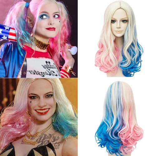 Quinn Cosplay Perücke Damen, Kostüm Perücke Damen, Rosa Blaue Kostüm Perücke für Karneval, Halloween, Fasching und Verkleidung