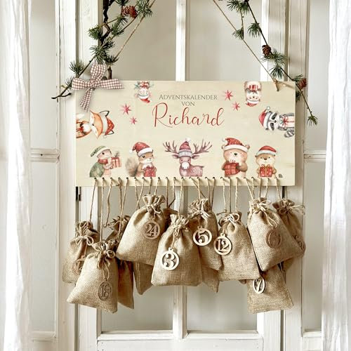 Manufaktur Liebevoll Adventskalender mit Namen für Kinder zum Befüllen, personalisierter Adventskalender für Mädchen Jungen Holz DIY Weihnachtskalender Jutesäckchen Adventszahlen (Richard)
