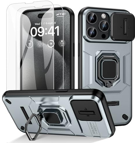 Doeshine Cover per iPhone 15 Pro, con 2 Vetro Temperato e Copertura Della Fotocamera Slide, Supporto Ad Anello 360°, Antiurto Custodia Militare Grado Shockproof per iPhone 15 Pro (Grigio)