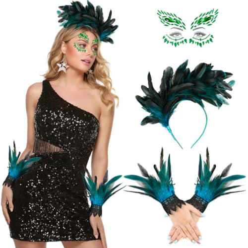 iZoeL Feder kostüm Damen Mädchen, Feder Haarreif Gothic Feder Handschuhe Tattoo Karneval Kostüm Accessorie, Malefiecent Kostüm Krähenkostüm Vogel kostüm Karneval Fasching Mottoparty Grünschwarz