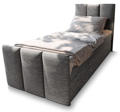 Masseno Boxspringbett LAGO 100 100x200 cm Komplett-Set mit Matratze und Topper, Polsterbett mit Zwei Bettkästen -Grau, SAWANA 05