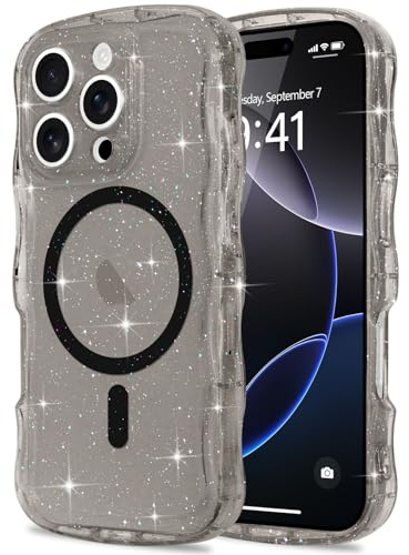 Pepmune for iPhone 16 Pro Case Clear Bling Compatible with Magsafe | Soft TPU Curly Wavy Frame & Hard PC Back,Sparkle Glitter Magnetic Cover,Slim Shockproof Wave Phone Case-Black
