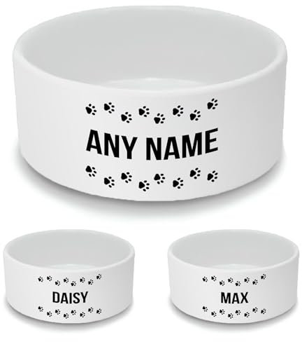 Personalised Ceramic Dog Bowl - Large White Pet Food Dish with Pawprint Tracks Design - Custom Name Dog Bowl 18cm Wide x 7cm Deep - Ideal for Medium to Large Dogs