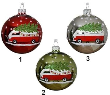 Chianese Palla di vetro lucida con furgone e albero di Natale Kaemingk, 8 cm, 3 colori assortiti, decorazione natalizia da appendere per albero – 1 pezzo singolo