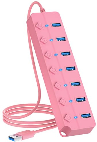ONFINIO Hub USB 3.0, hub splitter USB a 7 porte con interruttori on/off e luci individuali, cavo lungo 1 m, compatibile con MacBook, laptop, Surface Pro, PS4, PC, unità flash, HDD mobile, rosa
