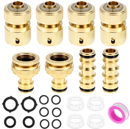QWORK® 8 Stück Messing Schnellverbinder Set für Gartenschläuche, inklusive 1/2 und 3/4 Anschlüssen, Schnellkupplungen, Doppelsteckern und Zubehör