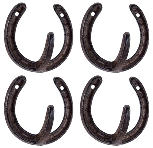 AHANDMAKER Ganchos de herradura de hierro fundido, paquete de 4 ganchos de pared rústicos de 3.5 x 3.7 pulgadas con agujero preperforado para decoración de casa de campo, brida ecuestre occidental