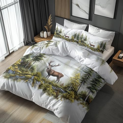Generisch Bettwäsche 135x200 Grün Wald Hirsch - Schlafzimmer Deko Bettbezug 135 x 200 2tlg Wald Jagd Wildtiere Muster, 1 Kissenbezug 80x80, mit Reißverschluss, Weich Mikrofaser JD#184