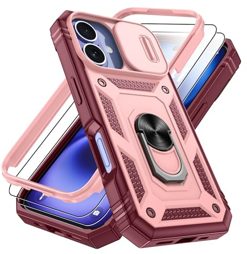 Pilaru 3 in 1 for Pink iPhone 16 Case with Front Frame |2 Separate Screen Protector| Kickstand Ring & Camera Cover Military Grade Drop Shockproof Protection Phone Cover for iPhone 16,Pink/Red