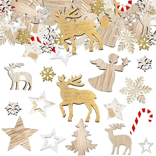 Whimzey 90 Stk Streudeko Weihnachten Holz Konfetti Groß, Stern,Rentier,Weihnachtsbaum,Schneeflocke Tischdeko Weihnachten,Glitzer Weihnachts Deko Confetti,Weihnachtsdeko Kleinteile für Basteln,Geschenk