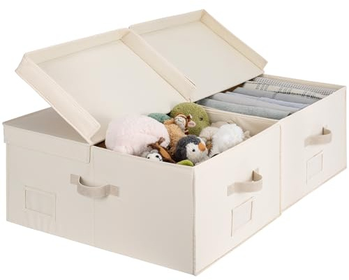 StorageWorks Extra Large Storage Boxes with Lids, 55L Foldable Storage Boxes with Divider Board, Wardrobe Storage Organiser, Fabric Basket for Clothes and Toys, Beige (Cotton-Linen), 2-Pack
