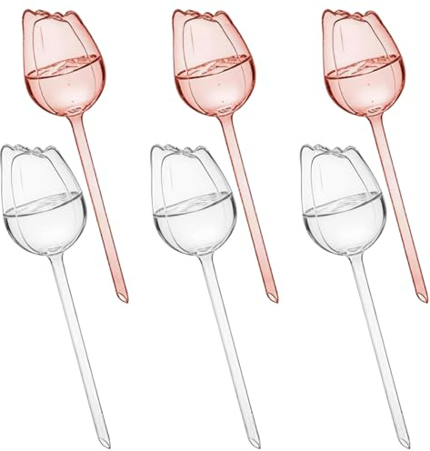 Plant Watering Devices, 6 Piece Set Watering Can, Indoor and Outdoor Garden Supplies, Tulip Shaped Plant Waterer, Pink and Clear Color Combination