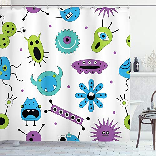 ABAKUHAUS Verrückt Duschvorhang, Bunte Monster Design-Virus, Stoffliches Gewebe Badezimmerdekorationsset mit Haken, 175 x 220 cm, Mehrfarbig