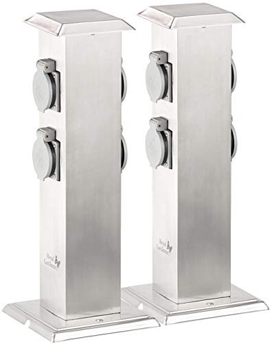 Royal Gardineer Steckdosen-Turm: 2er-Set 4-Fach-Garten-Steckdosen mit Edelstahl-Gehäuse, max. 3.500 W (Edelstahl aussen, Außensäule, Steckdosenleiste)