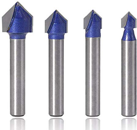 Mesee 4 Pieces 90 Degree V Groove Router Bit Set, Industrial Grade 1/4-Inch Shank V Grooving Bits CNC Engraving Bits Woodworking Milling Cutter Tool