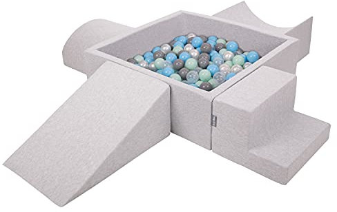 KiddyMoon Foam Playground For Kids With Square Ballpit (200 Balls ∅ 7Cm/2.75In) Soft Obstacles Course And Ball Pool Made In EU, Lightgrey:Pearl/Grey/Transparent/Babyblue/Mint