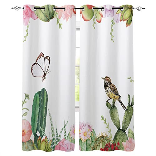 Gardinen Kaktus-Vogel-Schmetterling Scheibengardinen Weich Verdunklungsvorhänge Vorhang Blickdicht Scheibengardine Schlafzimmer Vorhänge Wohnzimmer Gardinen mit Ösen Schallschutz Curtain 2x140x260cm
