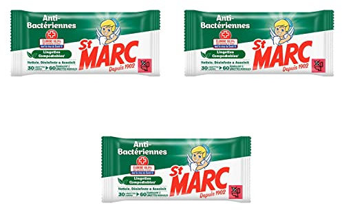 St Marc lot de 3 Sachets de 30 lingettes Extra larges = 60 normales Compostables Anti-Bactériennes