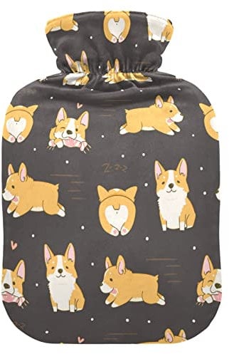 Corgi Niedliche Hunde Wärmflasche mit Bezug, Wärmflaschen zur Schmerzlinderung, Wasser-Heizkissen, Heizflaschen für Nacken- und Schulterschmerzen, 2 l