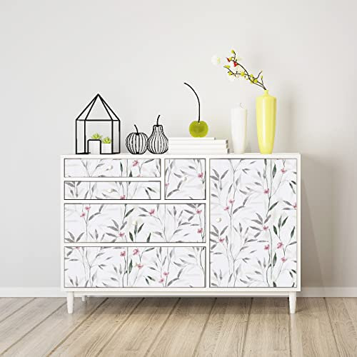 JOLIHOME Papel Pintado Blanco Vintage Hoja y Flor Peel and Stick Mural de Pared Papel de Contacto Verde Gris y Rosa Vinilo de Plástico Adhesivo Rollo de Vinilo Adhesivo Impermeable 44.5x500cm