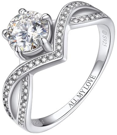 MomentWish Personalisiert Verlobungsring 1Carat Moissanit Diamant Damenring, VVS1 D Farbe 925 Sterling Silber, Trauring Ehering Verlobung Hochzeit Geschenk-Größe50