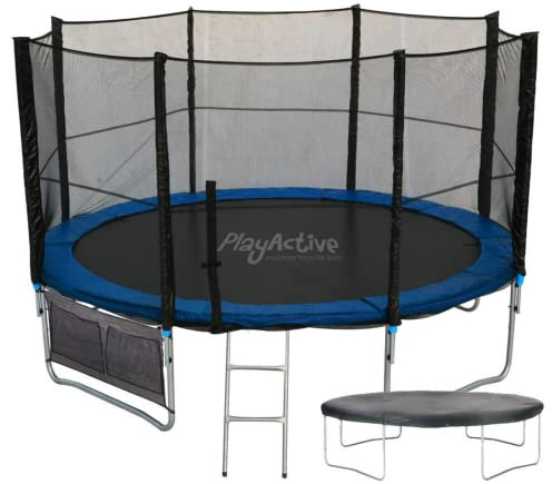 PlayActive 6ft / 8ft / 10ft / 12ft / 14ft / 16ft Kids Trampoline with Safety Enclosure Net, Ladder, Weatherproof Cover, Shoe Bag Included (Blue, 16ft)