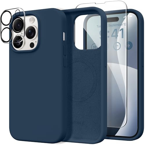 GONEZ Custodia in silicone per iPhone 14 Pro Max, compatibile con MagSafe, con pellicola protettiva per lo schermo + protezione per obiettivo della fotocamera, silicone liquido antiurto custodia