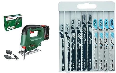 Bosch Akku Stichsäge EasySaw 18V-70 (2,0 Ah Akku, 18 Volt System, mit 1 Stichsägeblatt, Ladegerät AL 18V-20, im Karton) + 10tlg. Stichsägeblatt Set Basic for Wood & Metal (für Holz & Metall, Zubehör)