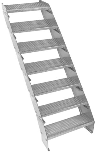 Verzinkter Stahl Treppe 7 Stufen | Erweiterbar mit zusätzlicher Gitterrost-Stufen & Höhenverstellbar | Wetterfest, Robust & Modular | für Außen Garten Terrasse | GRATIS Befestigungssatz [60cm breit]