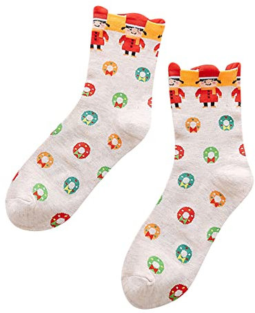 Wärmesocken Damen Mikrowelle Bedruckte lustige bunte festliche Rundknie-Socken für Damen, schickes Weihnachtsfeiertags-Design, weich Babysocken Adventskalender 2023 Socken Damen (Beige, One Size)