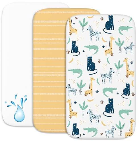 2X Spannbettlaken aus 100% Baumwolle mit Gummiband - 1X Matratzenschoner aus 100% wasserdichtem Material - 3er-Set - 50x83cm - Savanne