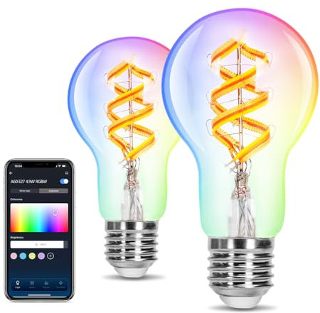 Aigostar Alexa Glühbirne E27,Alexa Lampe RGBW 4.9W 420LM, Smart Bulb A60 2700K, Smart Glühbirne Kompatibel mit Alexa und Google Home, Wlan Glühbirne Warmes Licht, 2 Stücke