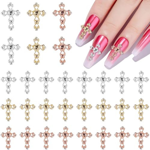 30 Pièces Ongle Nail Art Doré Argenté Or Rose 3D, BTIYMU Décoration pour Ongles Nail Art Deco Ongle Nail Art Bijoux, Decoration Ongles Croix(15mm x 11mm)