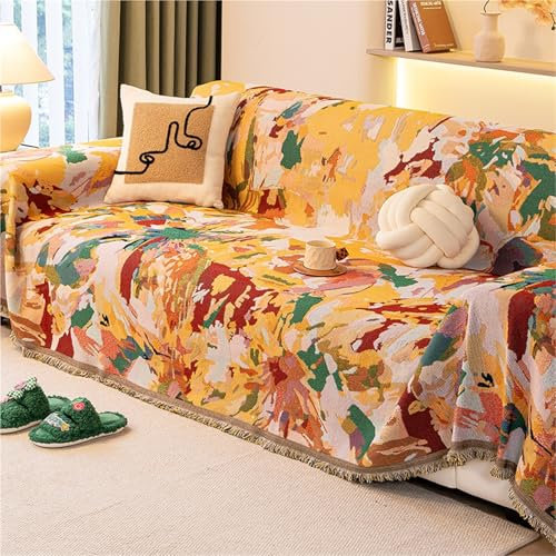 FAWFCJD Herbstliche Sofa-Bett-Überwurfdecke Mit Quasten, Cartoon-Bunte Sonnenblume, Sofabezug, Baumwollfaden-Webschutz, Doppelseitiger Couch-Überwurf, Großer Weicher Sessel-Überwurf(90X180cm)