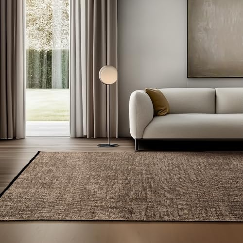 SIMPEX Baumwolle Teppich Braun 140x200 cm - Waschbar, Boho-Stil, Vintage Kelim, Kurzflor, rutschfest & Weich, Einfarbig Meliert, Für Wohnzimmer, Schlafzimmer, Büro & Küche