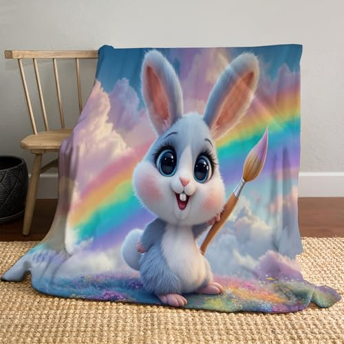 MIATCENRT Paintbrush Rabbit Rainbow Blanket, Soft Plush Fleece Cartoon Throw Blanket - Cozy Warm Stuffed Blankets Flannel Throw 150x200cm Bedding Gifts for Kids Adults 60X80in