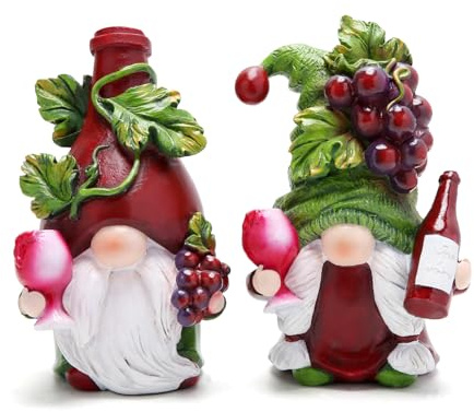 ZAWUU Red Wine Gonk Gnomes Set of 2 – Resin Gnome Figurines with Bottle & Glass, Hand-Painted Vineyard Style for Kitchen, Bar & Tiered-Tray Decor – Gift for Mum
