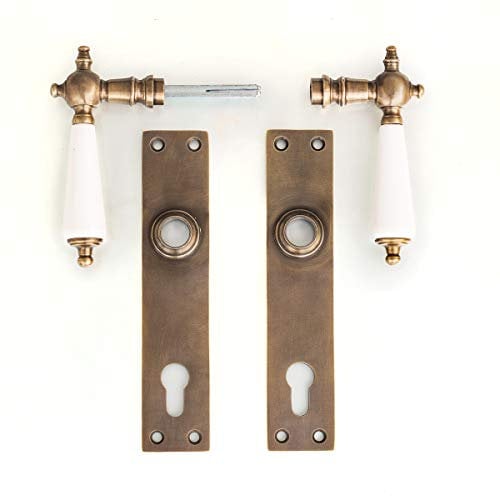 Antikas Poignée de porte en laiton - Poignée en porcelaine - Garniture de porte antique.