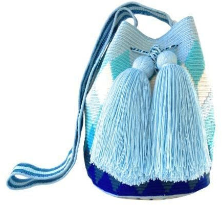 Wayuu Mochila-Tasche für Damen, original, Bolsa Tejida Colombiana, authentisches Häkelmuster, Geschenk aus Kolumbien, Blau - Größe M