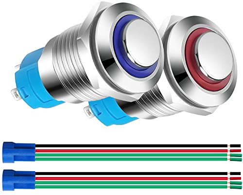 Gebildet 2pcs 12mm Pulsante Momentaneo in Acciaio Inossidabile,12V-24V 3A LED Normalmente Aperto SPST ON Off Pulsante Impermeabile con Spina a Filo(Blu+Rosso,Testa Alta)