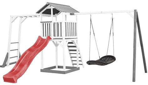 AXI Beach Tower Wooden Play Tower in Grey and White | Play tower with sandpit, climbing frame, nesting swing and red slide | Play house on stilts for the garden