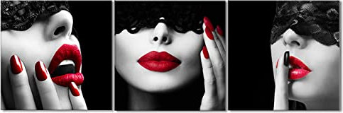ZHONGYUTONG Sexy Frau auf Leinwand Gemälde 3-teilig Frau Rote Lippen und Nägel Wandbild Schwarz Weiß Make up Wanddekoration Poster (Kein Rahmen, 50x50cmx3 Stück)